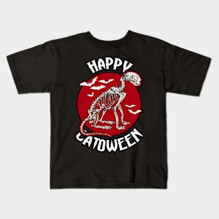 Happy Catoween Skeleton cat with flying bats Kids T-Shirt